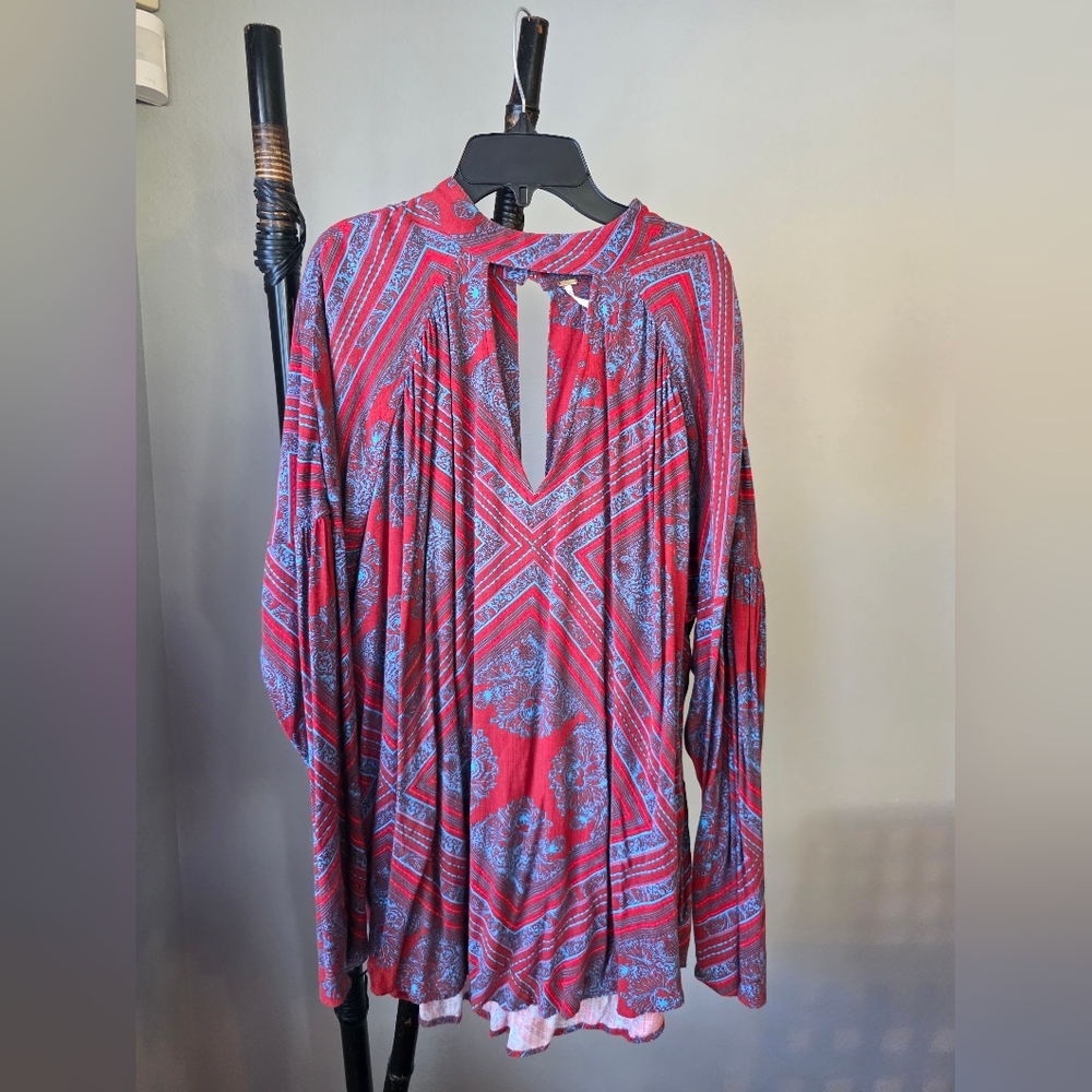 Free People Red and Blue Patterned Tunic